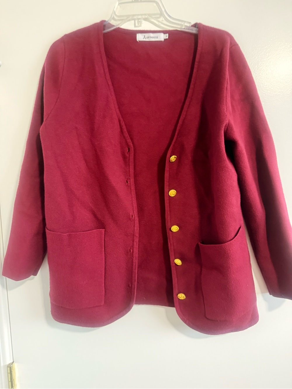Akris Burgundy V-Neck Cardigan Jacket with Gold Buttons